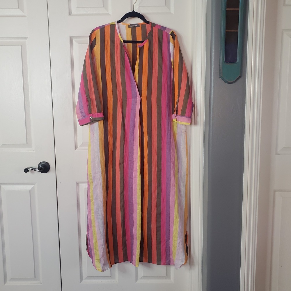 Alembika Laguna Caftan Linen Striped Multicolor Maxi Dress Relaxed Breezy Sz 10